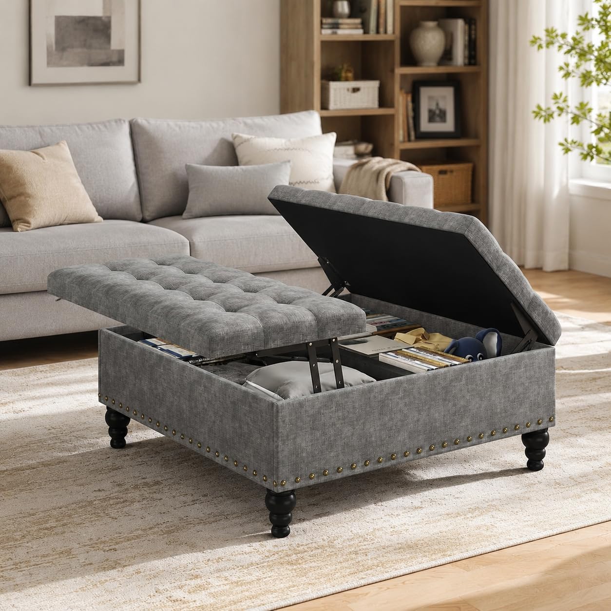 35" Extra Large Storage Ottoman Coffee Table, Tufted Upholstered Coffee Table with Lift Top & Solid Wood Legs,Oversized Storage Ottoman for Living Room, Gray