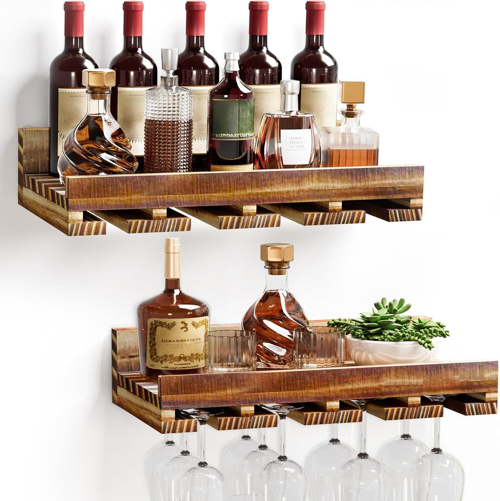 Homde Wall Mounted Wine Rack Set, 2 Pack Pine Wood Wine Racks with Glass Holder, Rustic Farmhouse Floating Bar Shelves for Liquor Bottles & Stemware for Home Bar/Kitchen/Living Room Decor