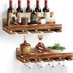 Homde Wall Mounted Wine Rack Set, 2 Pack Pine Wood Wine Racks with Glass Holder, Rustic Farmhouse Floating Bar Shelves for Liquor Bottles & Stemware for Home Bar/Kitchen/Living Room Decor