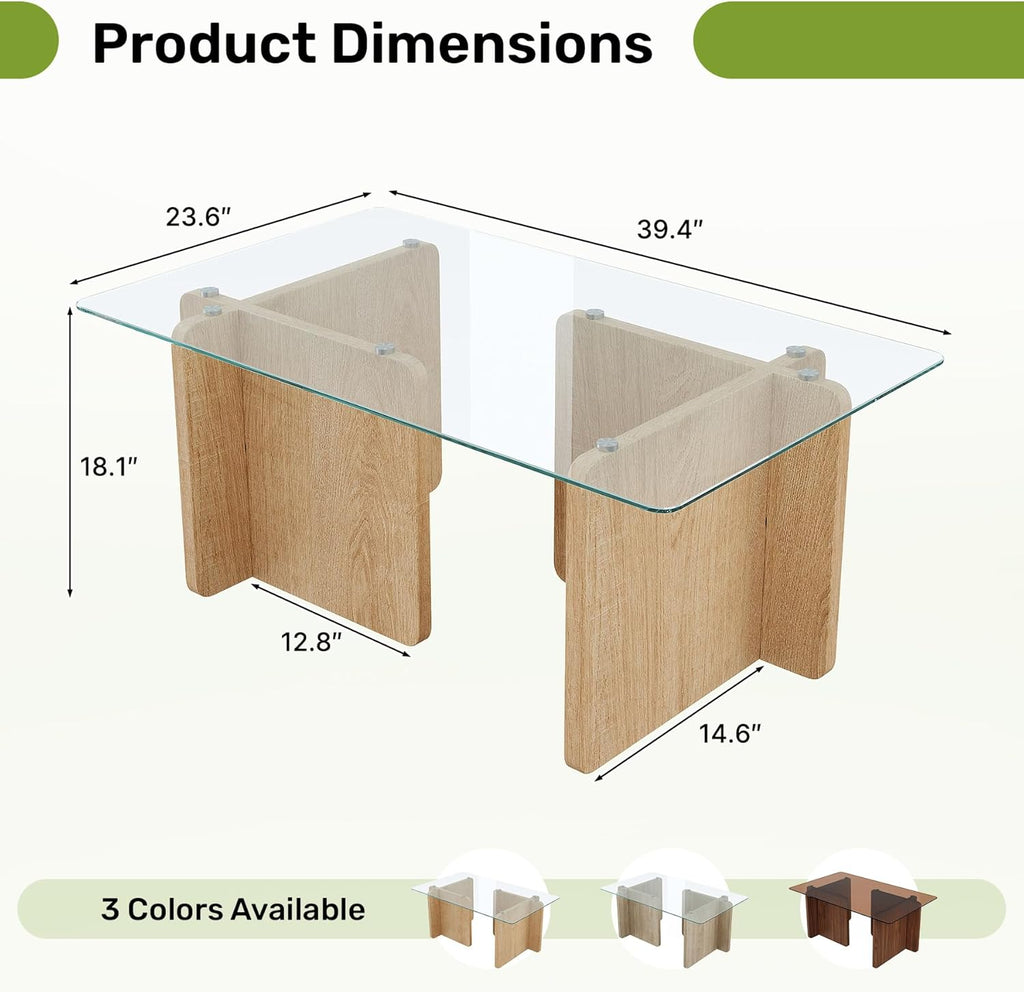 Miereirl Modern Glass Coffee Table, Rectangle Coffee Table Glass Top with Sturdy Wooden Base, Small Glass Wood Coffee Table for Living Room, Apartment, Office, Easy Assembly (Natural)