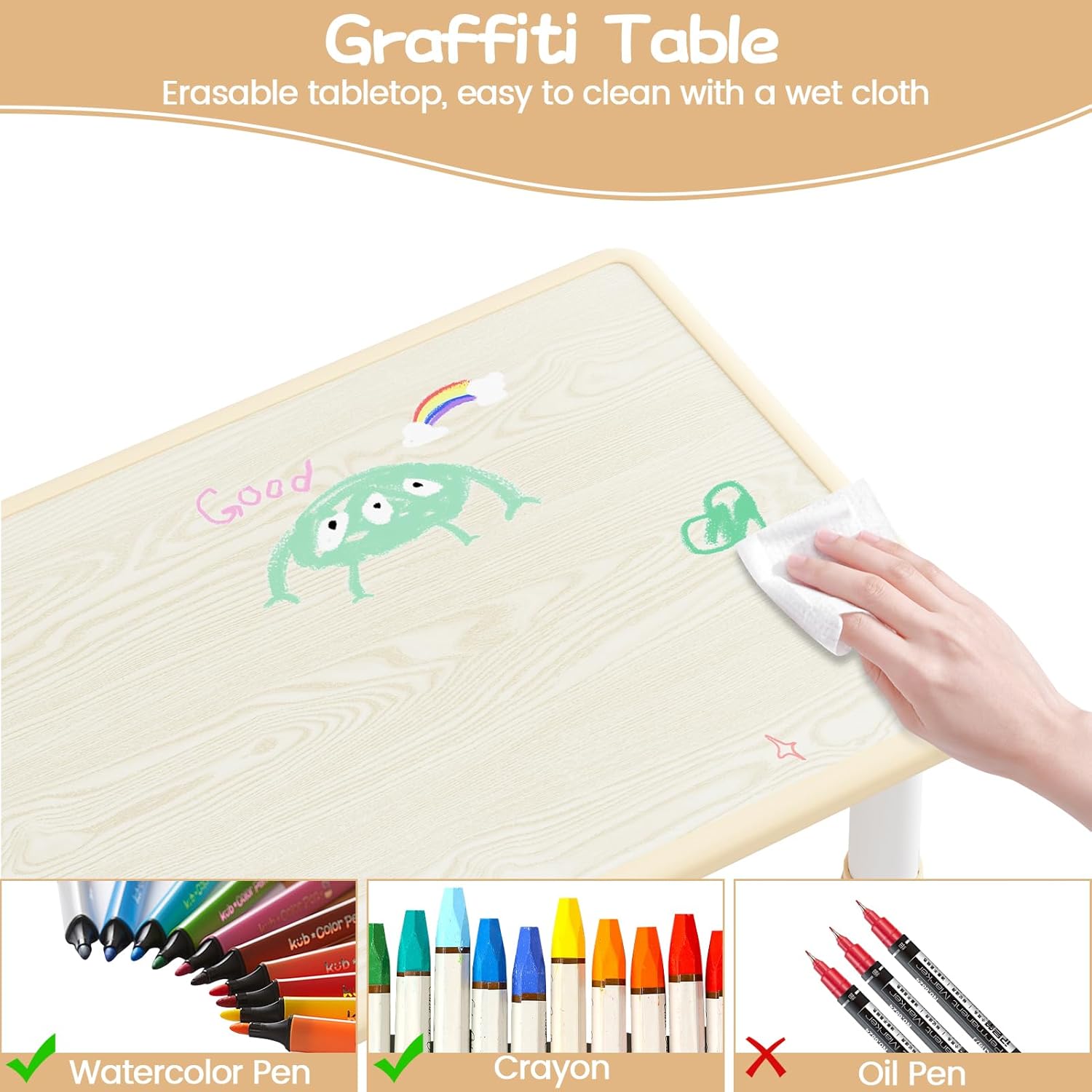 Jojoka Kids Table and 2 Chairs Set, Height Adjustable Toddler Table Chairs for Ages 2-10, Graffiti Desktop with Non-Slip Legs, Child Table Set for Home Daycare Classroom
