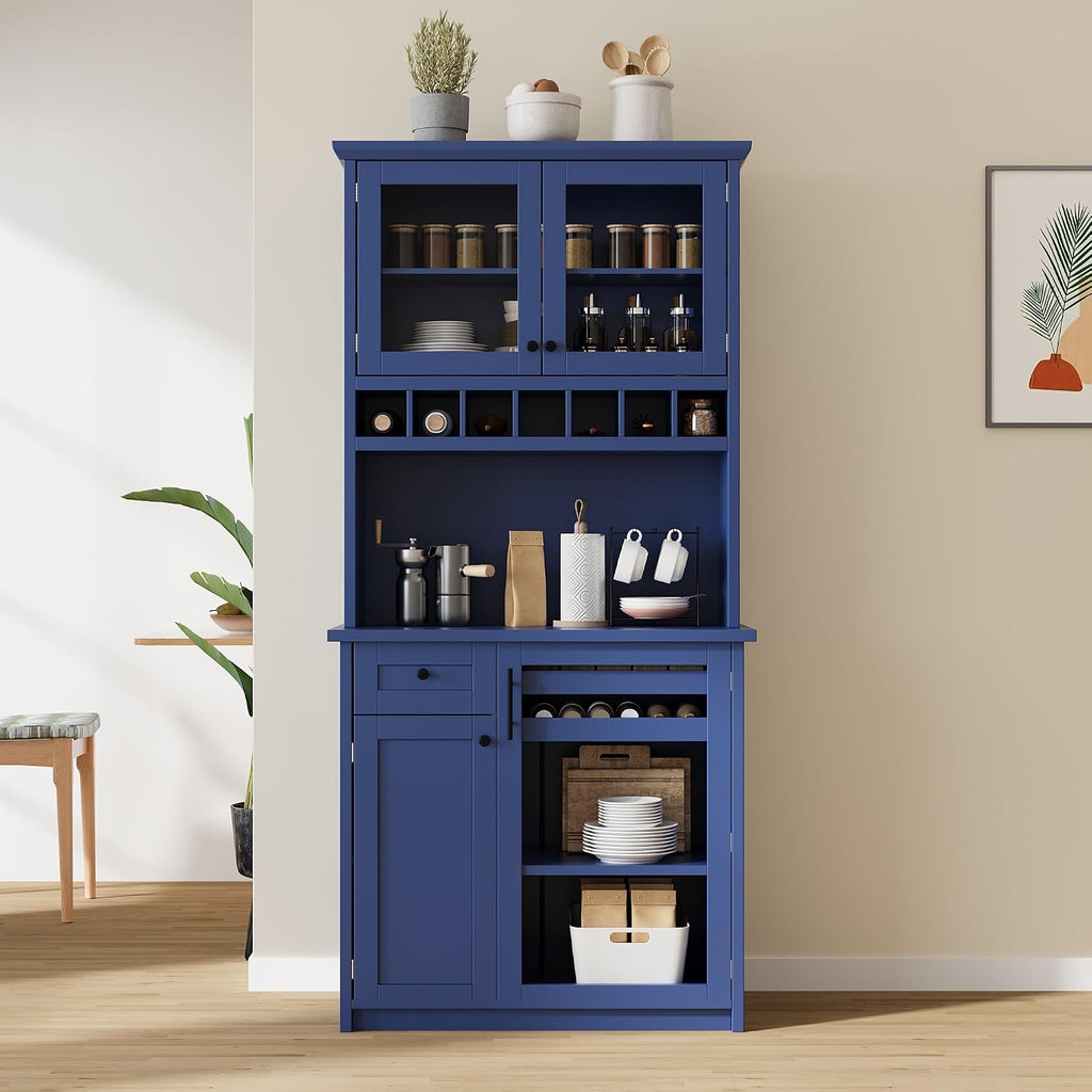 Merax Kitchen Pantry Cabinet, 74”Storage Cabinet with 2 Bottle Trays & 3 Adjustable Shelves, Kitchen Cabinets with Drawer and 7 Wine Rack, Glass Door, Tall Cabinets for Pantry, Blue