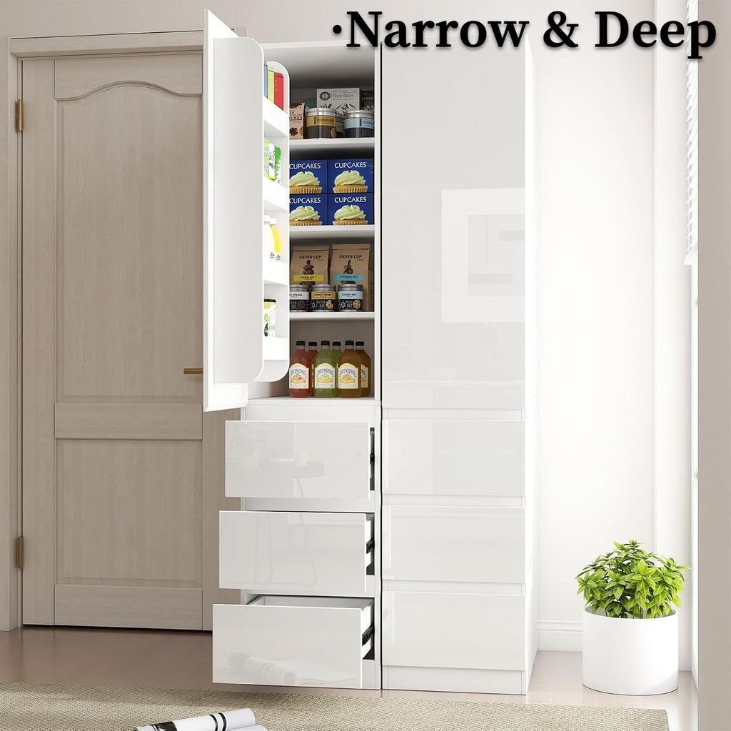 JOYSOURCE Narrow 24'' Deep Kitchen Pantry Storage Cabinet with Doors, Shelves, Drawers Tall Cupboard for Food Glossy White (Left-Hinged)