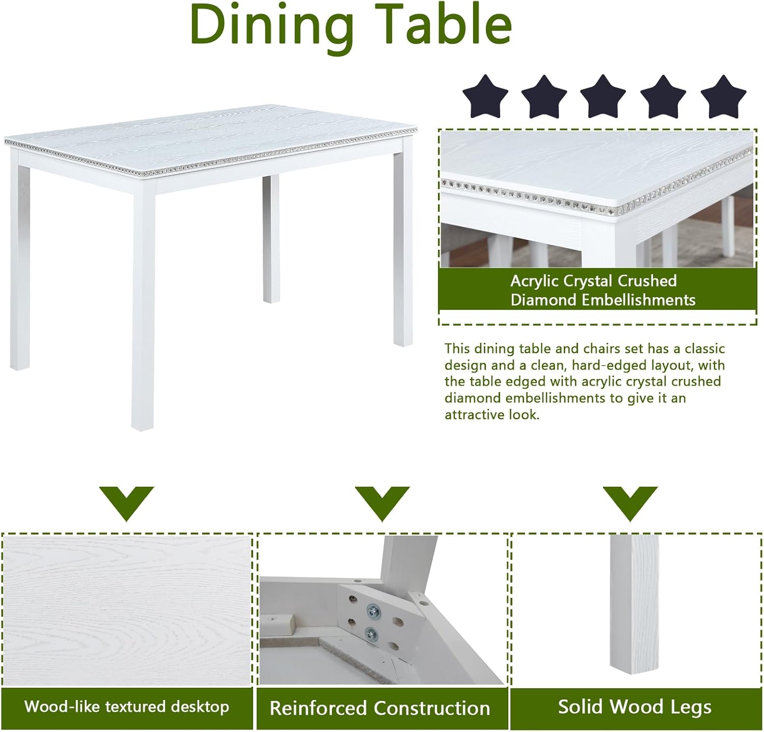 Knocbel Classic 4-Person Dining Table for Small Space, Wooden Apartment Condo Pub Bistro Kitchen Dining Furniture, Standard Height (White Rectangular 30" H)