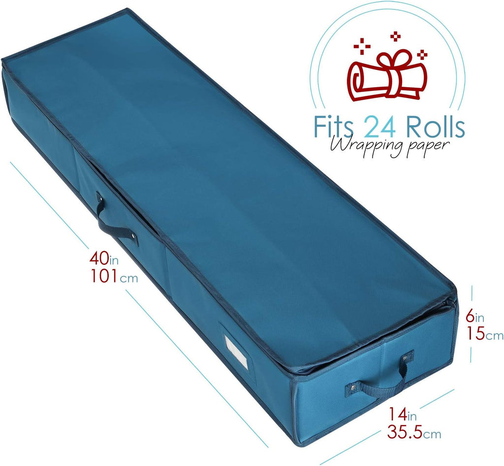Hearth & Harbor Wrapping Paper Storage Container and Clear Wrap Paper Holder - Christmas Storage Bag with Interior Pockets - Fits Up to 36 Rolls of 40" - Tear Proof, Blue