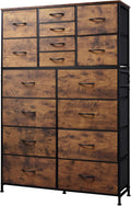 Tall Console Table with 16 Fabric Drawers, Entryway Table with Storage, Large Storage Organizer with Wood Top, Steel Frame for Living Room, Hallway, Office, Rustic Brown