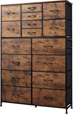 Tall Console Table with 16 Fabric Drawers, Entryway Table with Storage, Large Storage Organizer with Wood Top, Steel Frame for Living Room, Hallway, Office, Rustic Brown