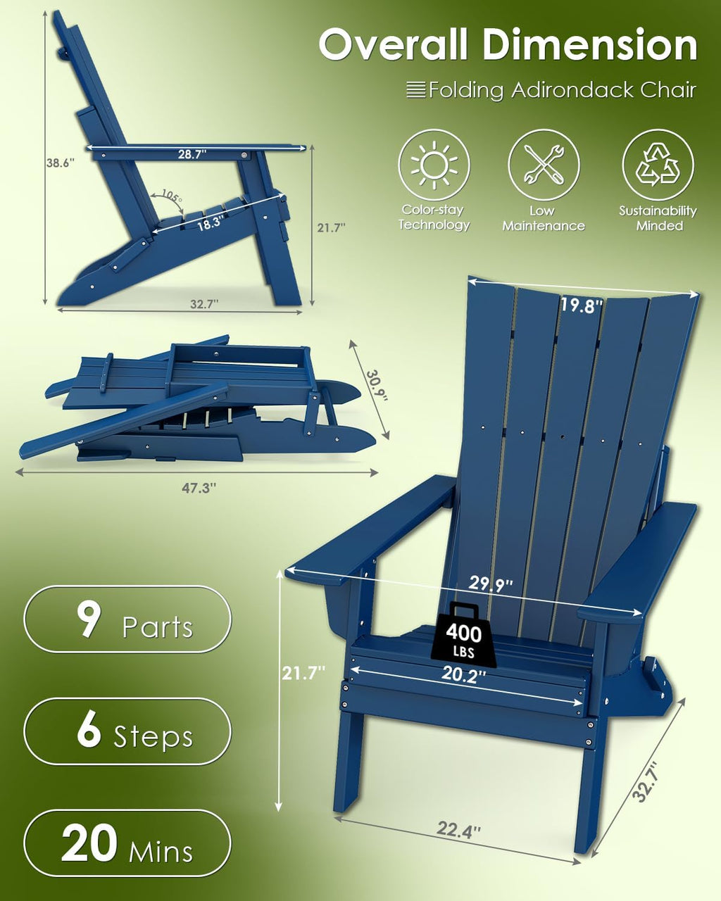 GREENVINES Folding-Adirondack-Chairs-Set-of-2 | HDPE Plastic | Arch Series | Fire Pit Chair | All Weather | for Outdoor Patio Deck Backyard Poolside | Blue