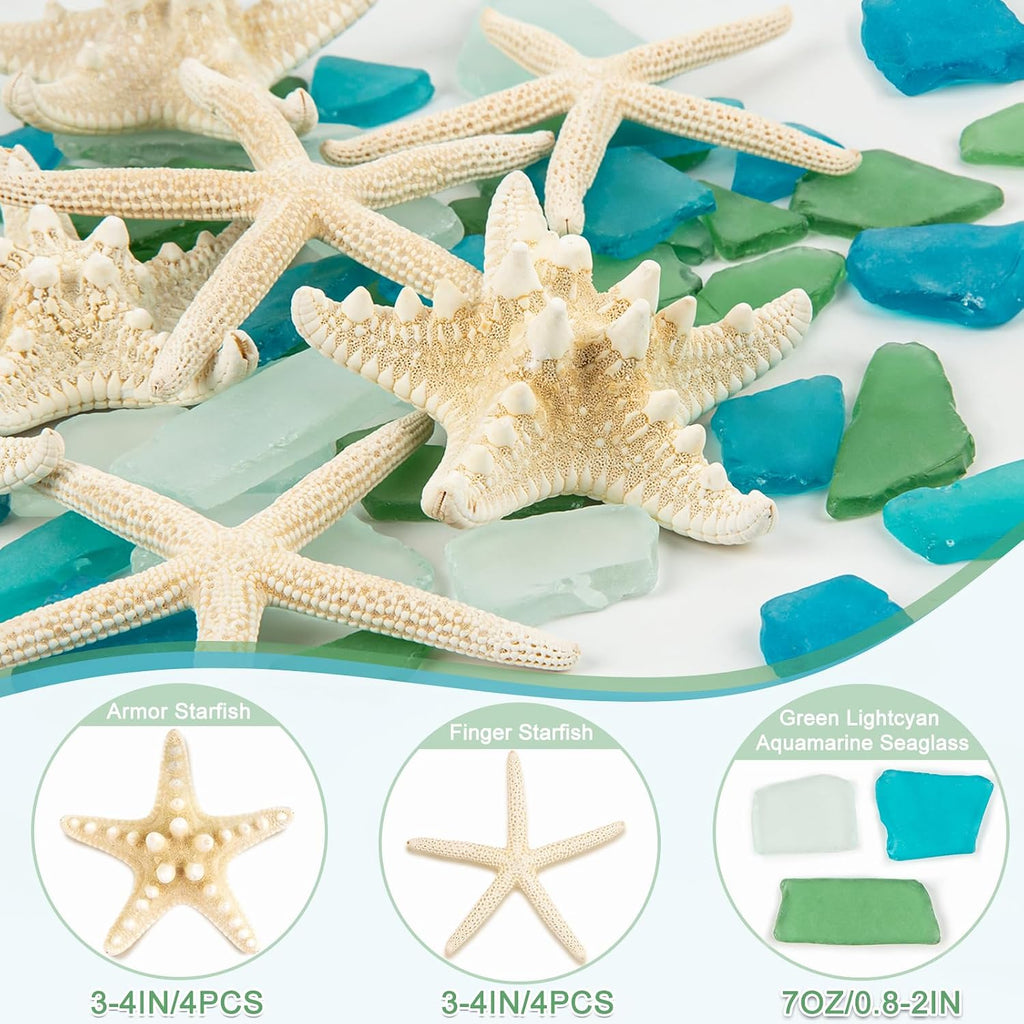JQAQJU 8PCS Starfish & 9OZ Green Sea Glass Decor for Crafts, Frosted Seaglass Pieces & Starfish, Beach Glass for Crafts Wedding DIY Crafting Ornaments Christmas