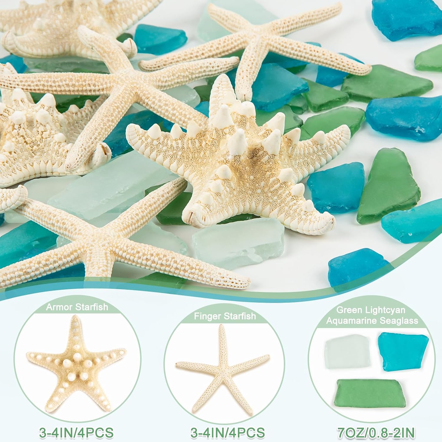 JQAQJU 8PCS Starfish & 9OZ Green Sea Glass Decor for Crafts, Frosted Seaglass Pieces & Starfish, Beach Glass for Crafts Wedding DIY Crafting Ornaments Christmas