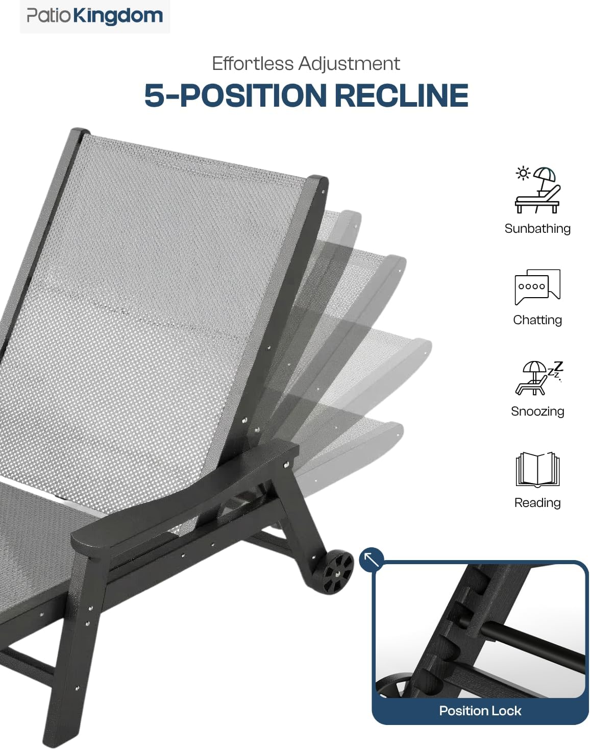 HDPE 5 Positions Chaise Lounge Outdoor Set of 2 with Wheels, Grey Textilene Fabric Pool Lounge Chairs for Patio, Deck, Beach (Grey Frame)
