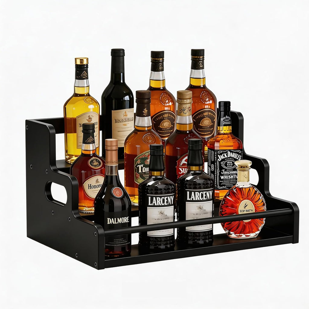 Bamboo Liquor Bottle Display Shelf, 3 Step Countertop Wine Rack, Bar Bottle Stand with Handles & Guardrail, Retro Mini Display Rack for Syrup, Wine, Dressing, Home Kitchen Cafe, Black