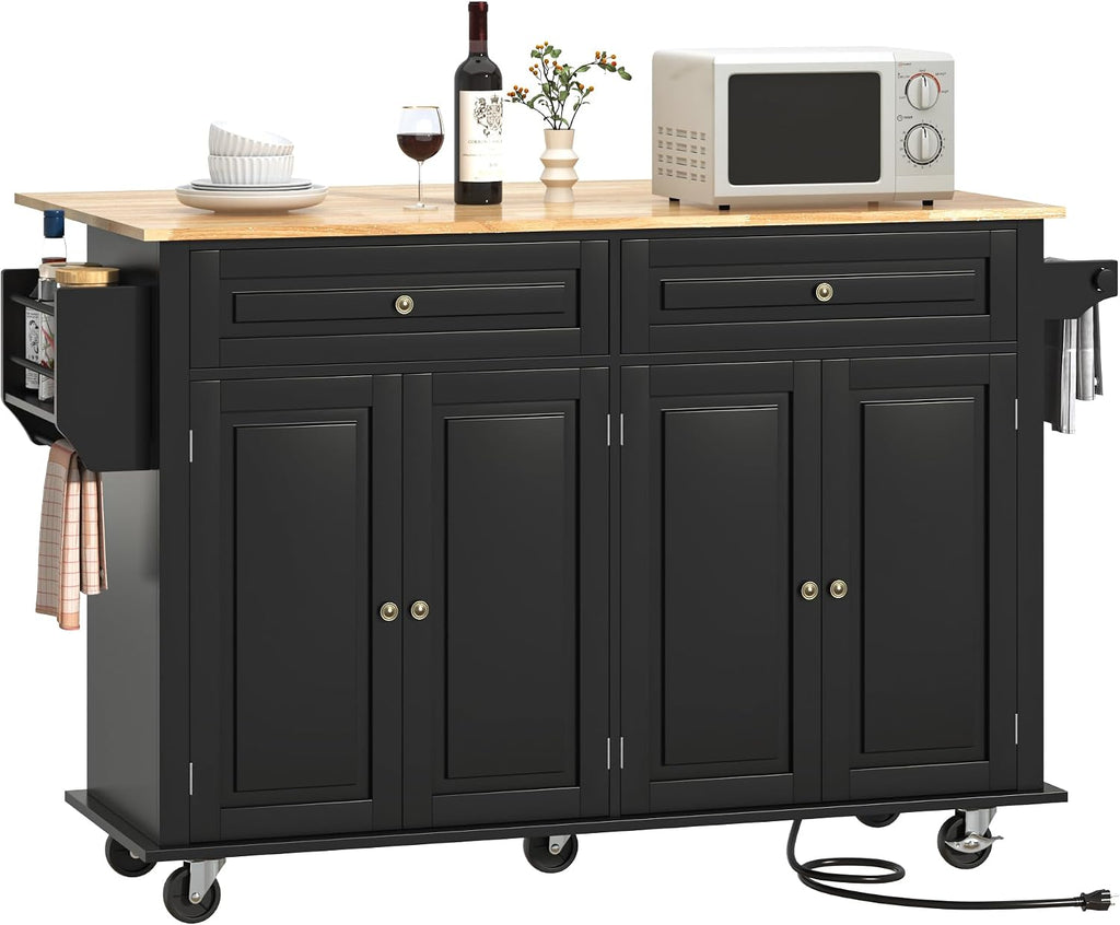 Hlivelood 59.1" Movable Kitchen Island with Drop Leaf and Power Outlet, Rolling Island Cart w/Storage Cabinet, Island Table on Wheels for Kitchen w/2 Drawers, Spice Rack, Towel Bar, Garage Hook, Black
