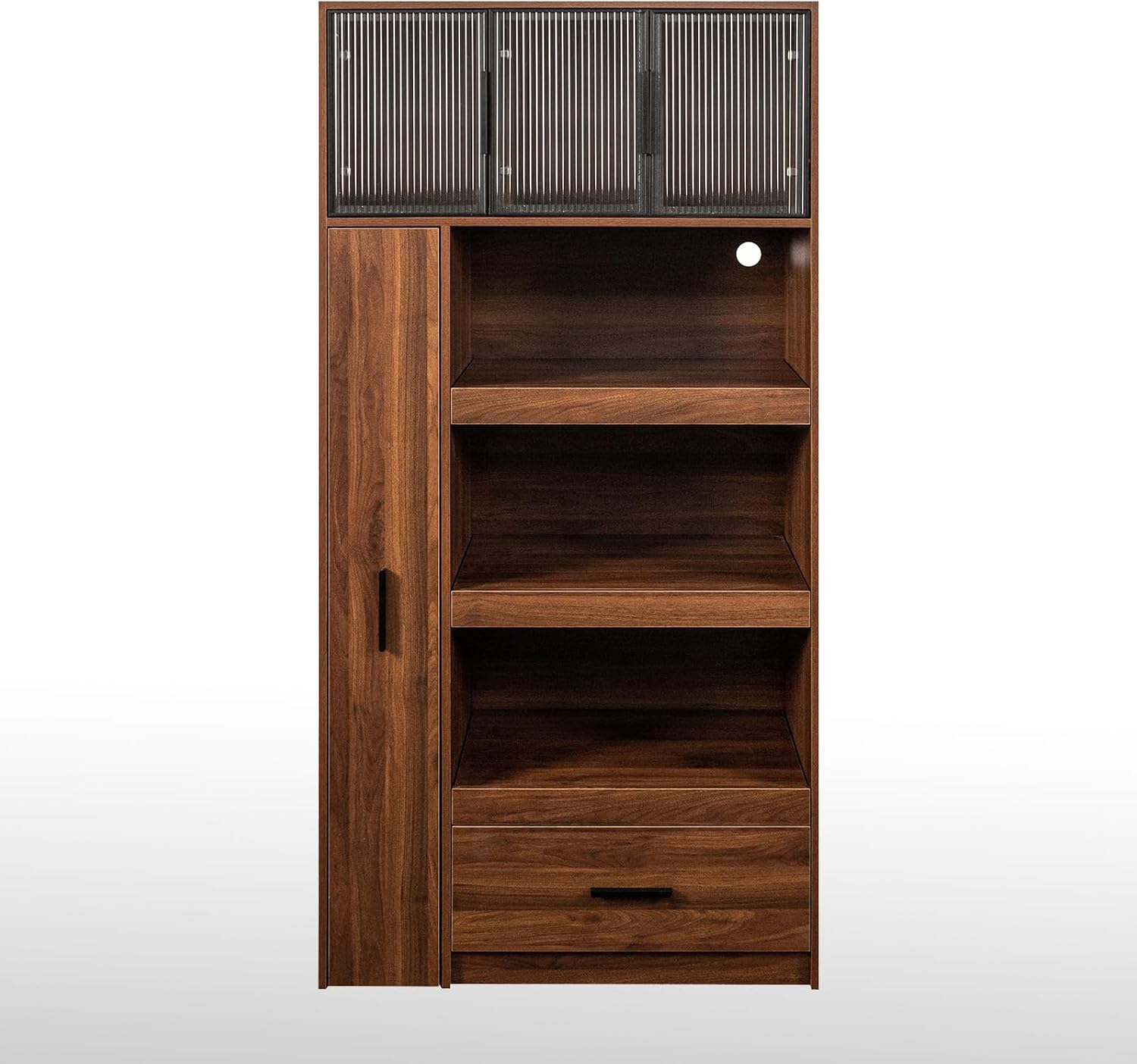 Tall Kitchen Hutch Cabinet with Pull-out Shelves & Drawer Freestanding Pantry Cabinet Large with Cable Management Glass Door Cupboard for Kitchen, Dining Room with Microwave Countertop Walnut Finish