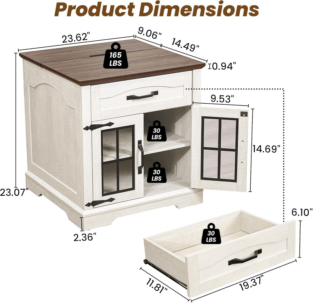 23.6"W Farmhouse End Table Set of 2 with Hidden Charging Station, Side Table with Drawer for Sofa Couch or Bedside, Rustic Wooden Nightstand with Storage for Living Room, Bedroom (Off White Walnut)