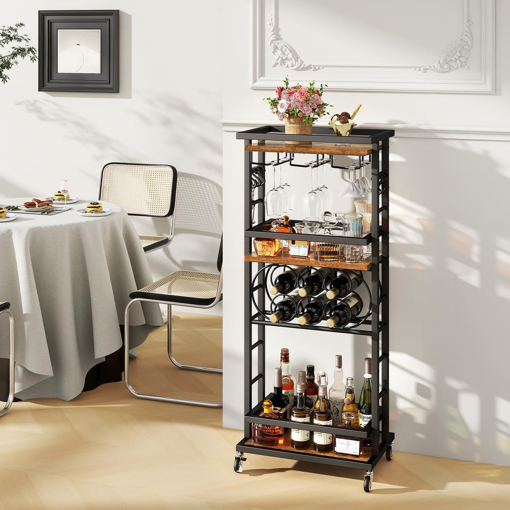 IBUYKE 4-Tier Wine Rack with Wheels,Bar Cart,Brown TMJ912H | Wine Car Cabinet Wine Rack Freestanding Floor Versatile Wine Bottle Display Shelf,Mini Bar for Home Living Room
