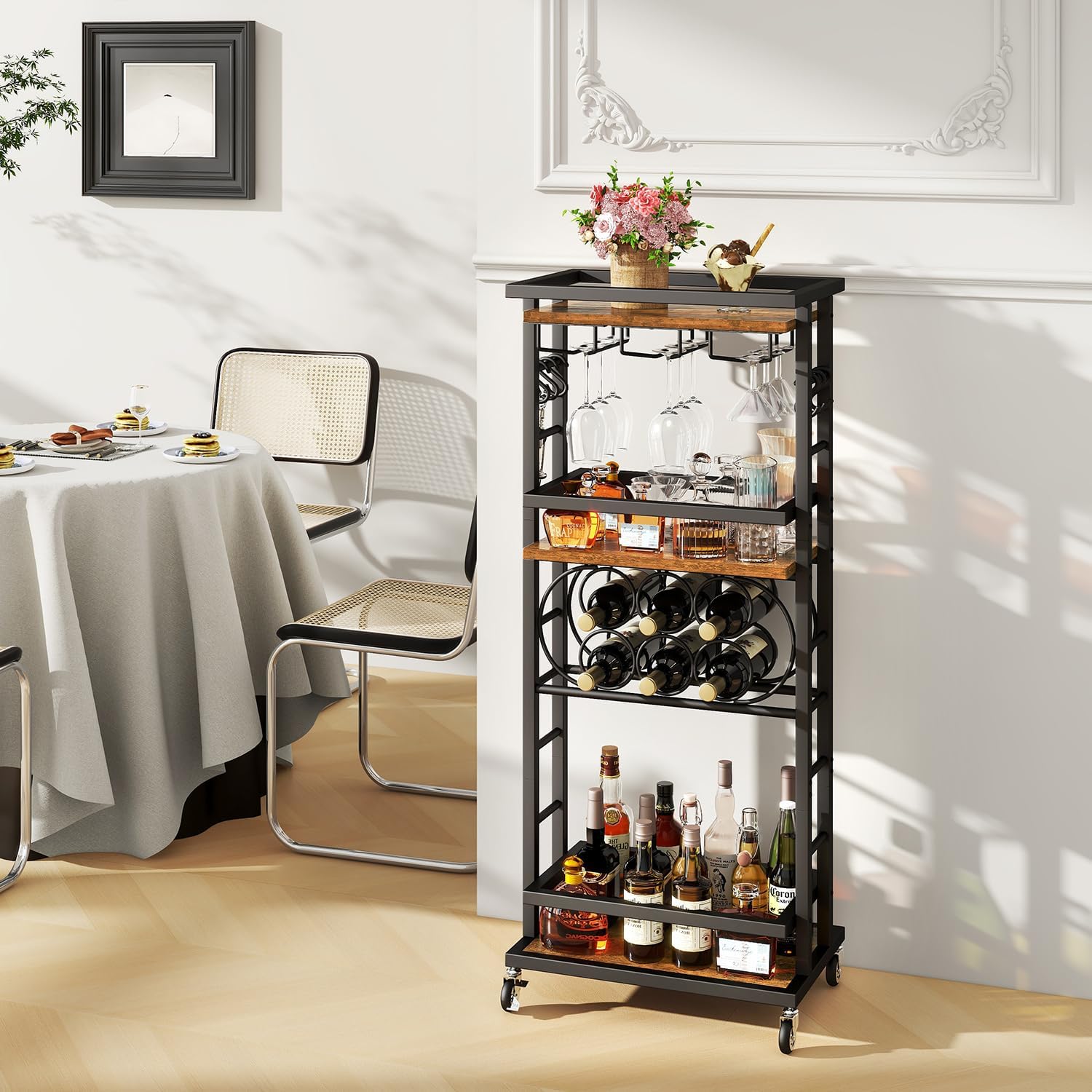 IBUYKE 4-Tier Wine Rack with Wheels,Bar Cart,Brown TMJ912H | Wine Car Cabinet Wine Rack Freestanding Floor Versatile Wine Bottle Display Shelf,Mini Bar for Home Living Room