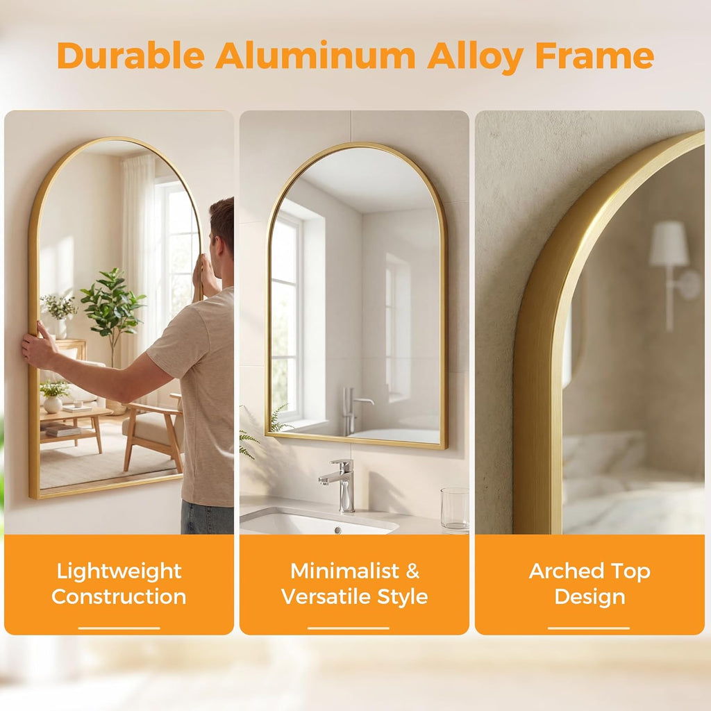 NEWBULIG 22"x30" Arched Wall Mirror, Bathroom Mirrors for Over Sink, Vanity Mirror with Tempered Glass & Anti-Rust Metal Frame, Entryway, Living Room, Bedroom, Gold