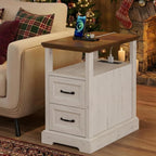 HOMMPA Narrow Side Table with Charging Station, 23.6'' W Farmhouse End Table with Open Shelf & Storage Drawers for Sofa Couch, Slim Rustic Sofa Side Table for Small Space, Living Room, Rustic White