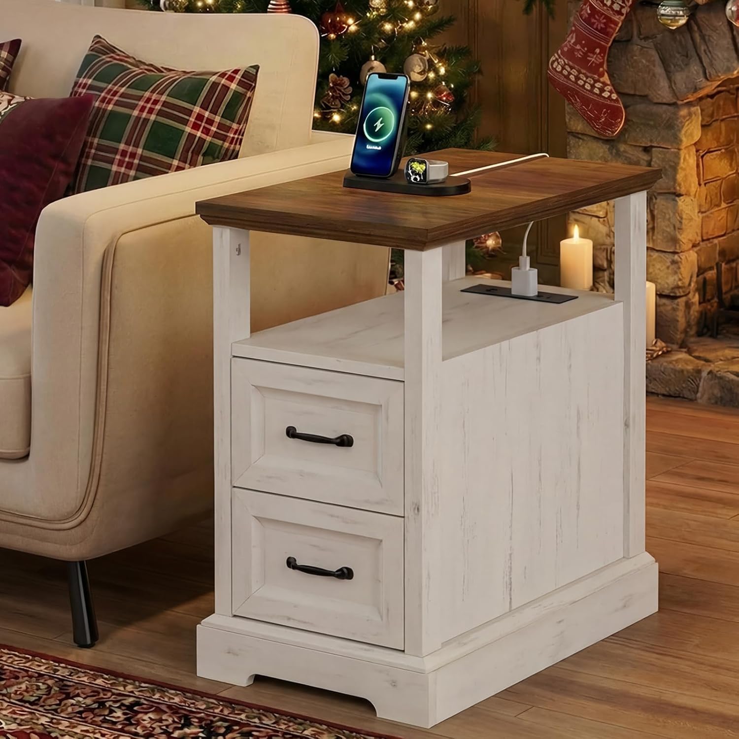 HOMMPA Narrow Side Table with Charging Station, 23.6'' W Farmhouse End Table with Open Shelf & Storage Drawers for Sofa Couch, Slim Rustic Sofa Side Table for Small Space, Living Room, Rustic White