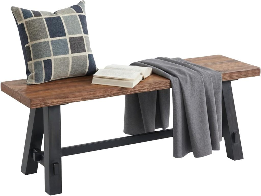Adam 48-Inch Rustic Industrial Solid Wood Entryway Bench with Distressed Black Sawhorse Legs – Sturdy Accent Seating for Living Room, Mudroom, Dining Room, and Laundry Room by Alaterre Furniture