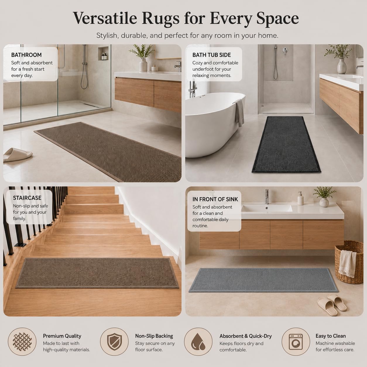 Super Absorbent Bath Runner Mat, Non-Slip Bathroom Rug, Long Narrow Floor Carpet for Shower, Machine Washable (Taupe, 12''X47'')