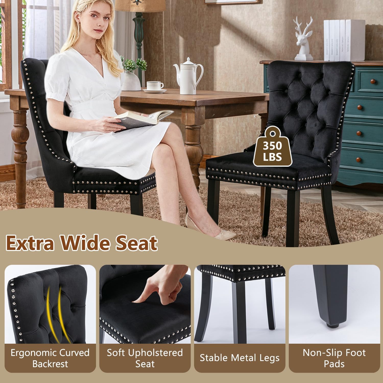 Dining Table Set for 8, 79'' Large Modern Rectangular Dining Room Table with 8 Velvet Chairs, Black Wood Finish, Reinforced Pedestal Base & Thick Tabletop, Stable Design for Home Dining