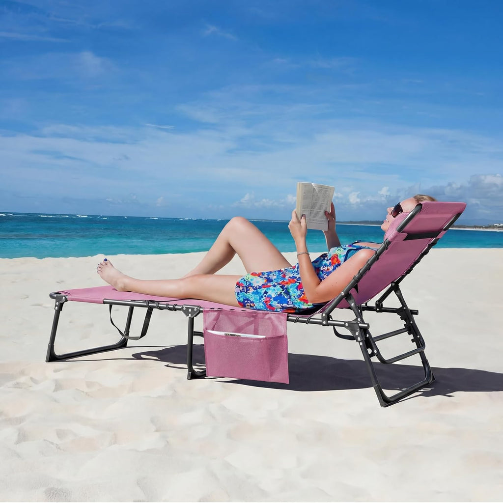 Devoko Beach Lounge Chair, Outdoor Sun Tanning Chair with Face Hole, Heavy Duty Folding Portable Lay Chaise Lounge Chairs for Outside Beach Pool Camping Patio, Pink