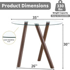 LKTART Small Glass Dining Table for 2-4 People, 35" Round Dining Table with Metal Legs, Glass Kitchen Table for Dining Room Home Office Small Spaces, Walnut