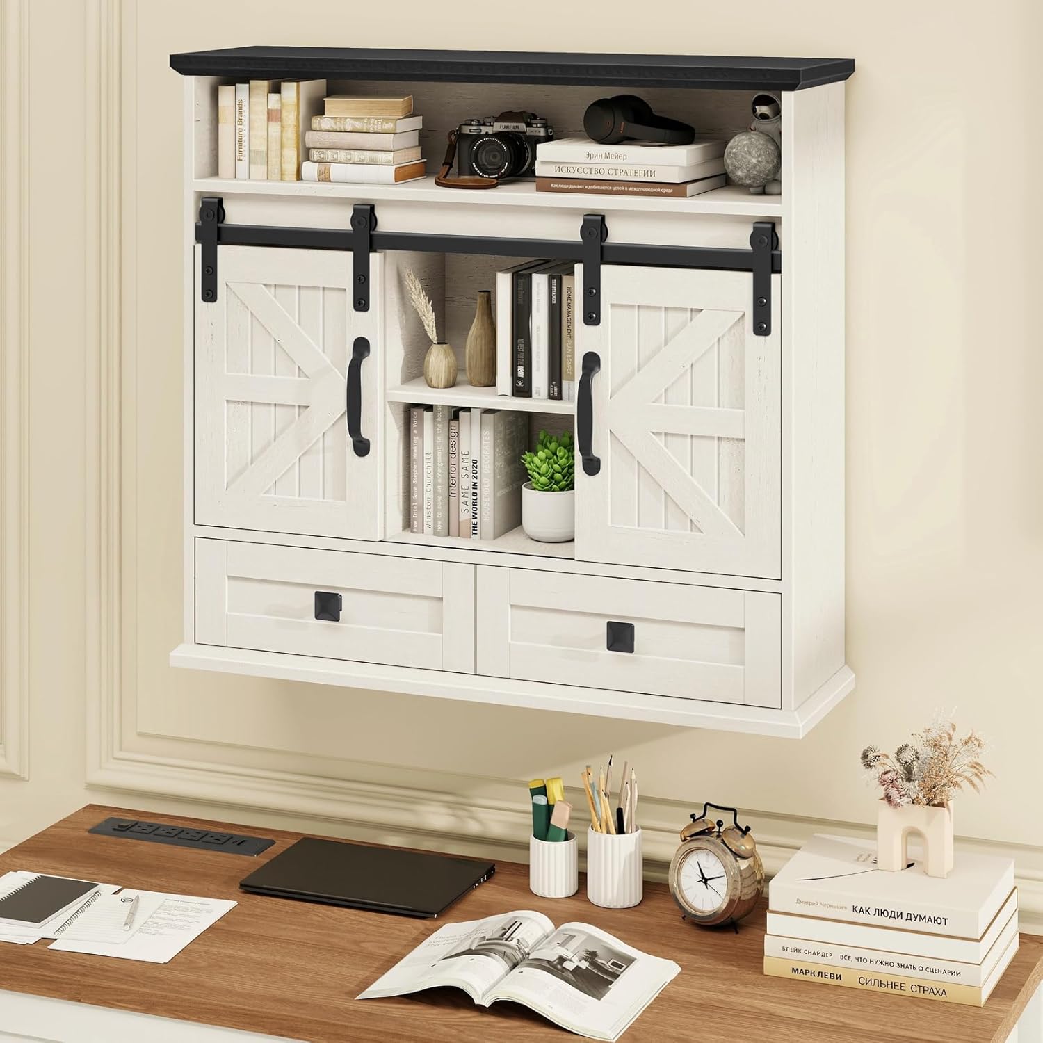 Vabches Bathroom Wall Cabinet, Farmhouse Medicine Cabinet with Double Sliding Barn Door and Storage Drawer, Wooden Vintage Storage Cabinet Wall Mounted for Bathroom, Kitchen, Rustic White and Black