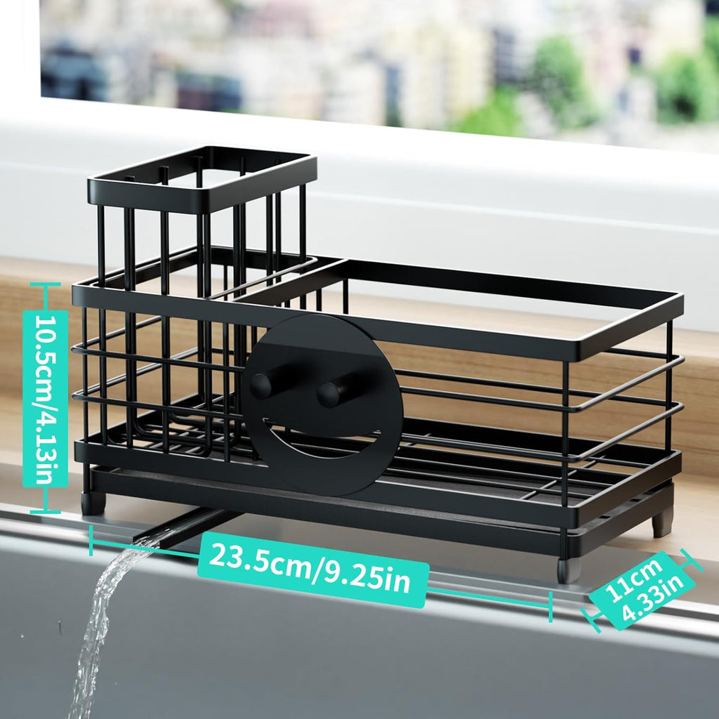 HapiRm Sponge Holder for Kitchen Sink - Self-draining Sink Caddy with Smiley Face and Brush Holder, Stainless Steel Kitchen Countertop Essentials and Gadgets - Black