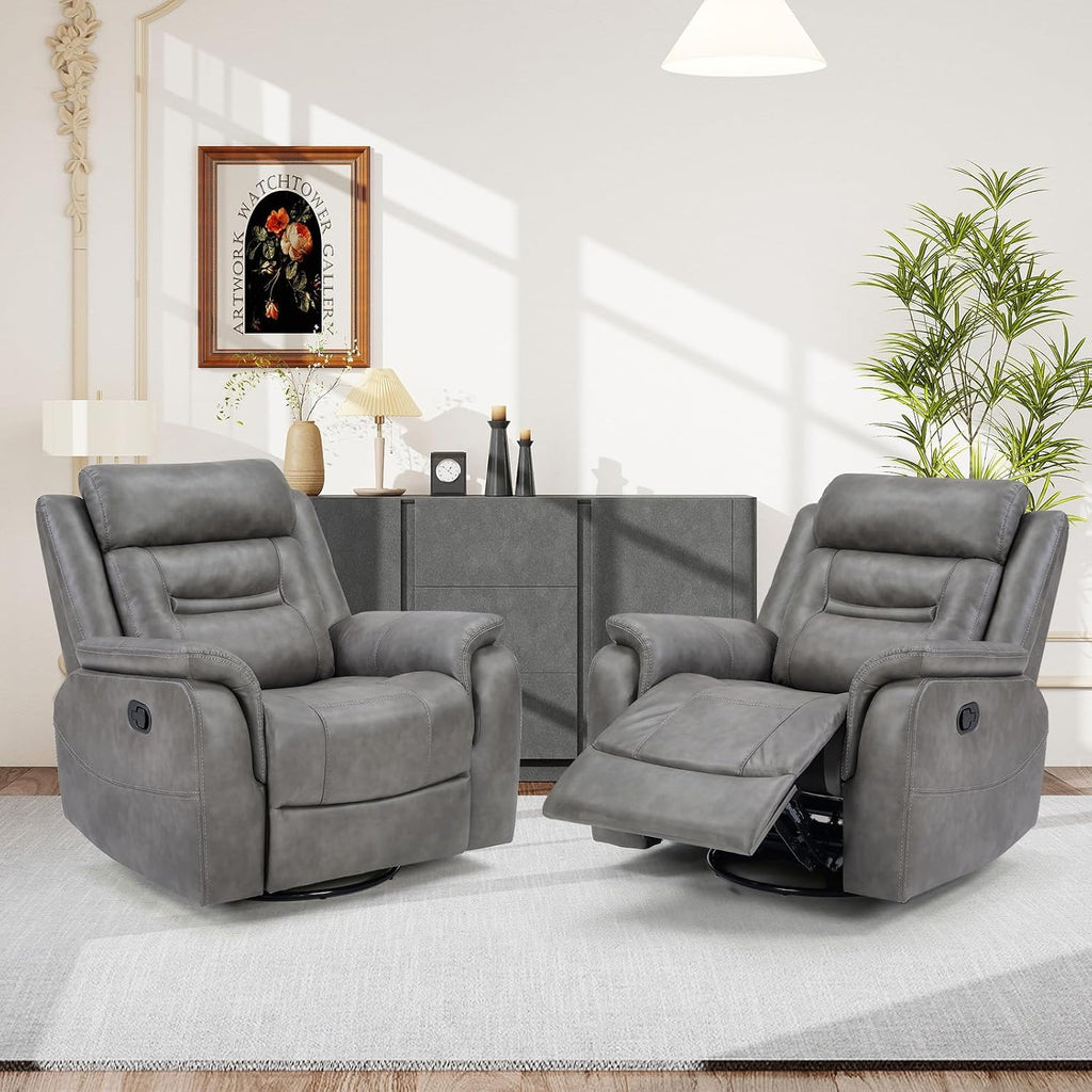 Bonzy Home 360° Swivel Rocker Recliner Chair for Adults, Manual Faux Leather Reclining Chair with Ergonomic Backrest, Glider Rocking Nursery Single Sofa for Living Room, Bedroom, Grey
