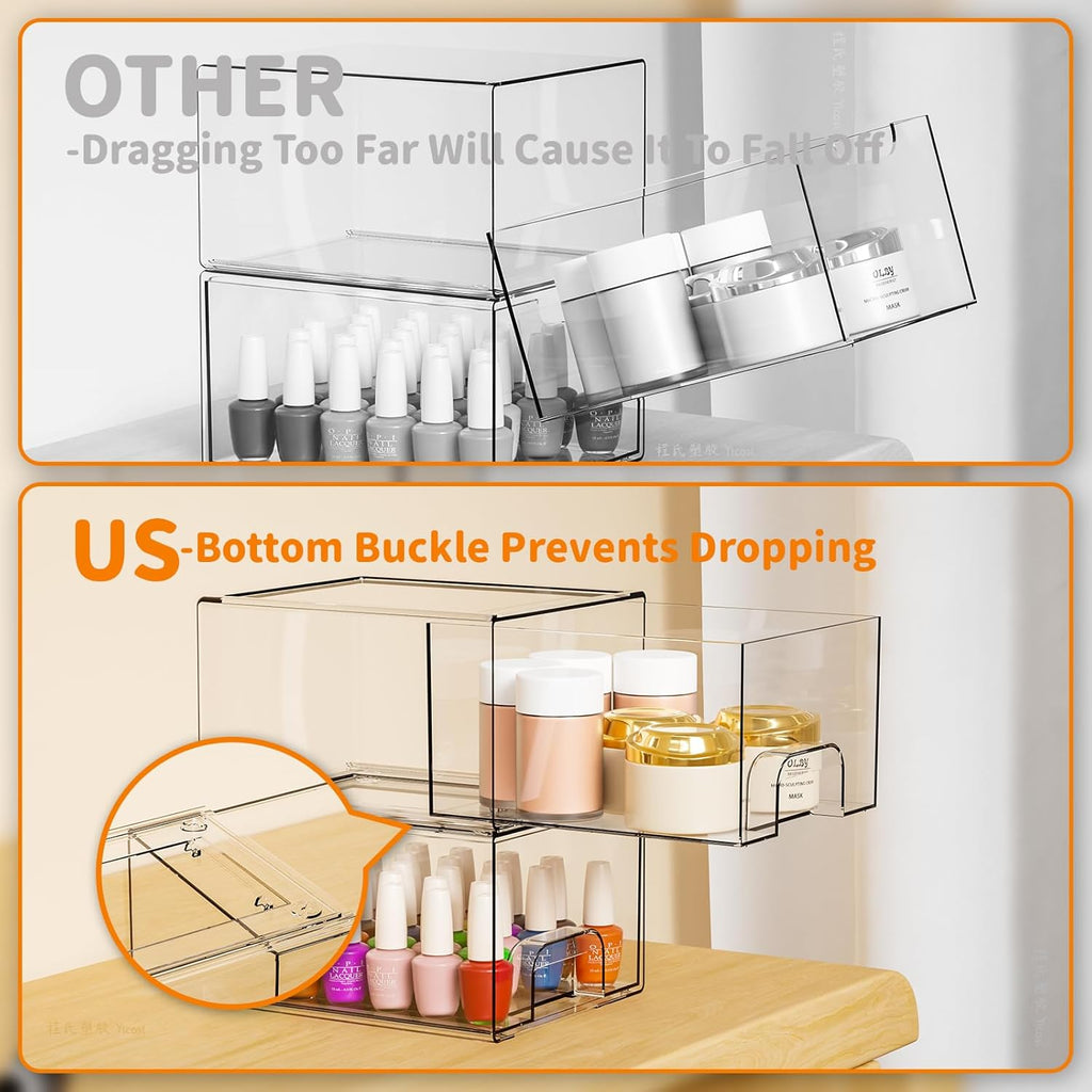 4.4" Tall Small Clear Acrylic Stackable Storage Drawers for Vanity,Under Sink,Bathroom Closet,Medicine Cabinet Organization and Plastic Storage Bins for Organizing Makeup,Baby Bottles,Pacifier,4 PCS