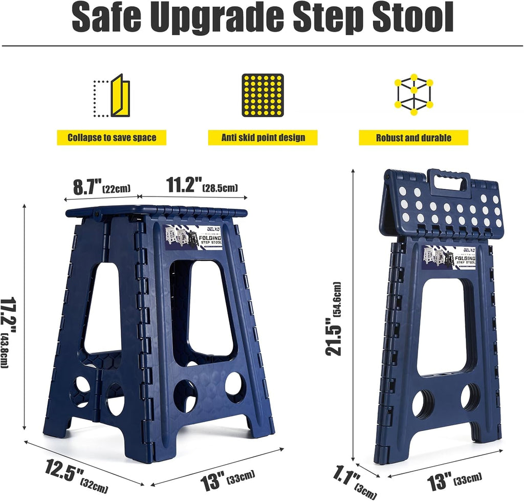 Delxo 17.5 Inch + 11 Inch Folding Step Stool, Foldable Stool for Adults,Premium Portable Collapsible Plastic Step Stool,Non Slip Folding Stools for Kitchen Bathroom Bedroom (Blue + Black)