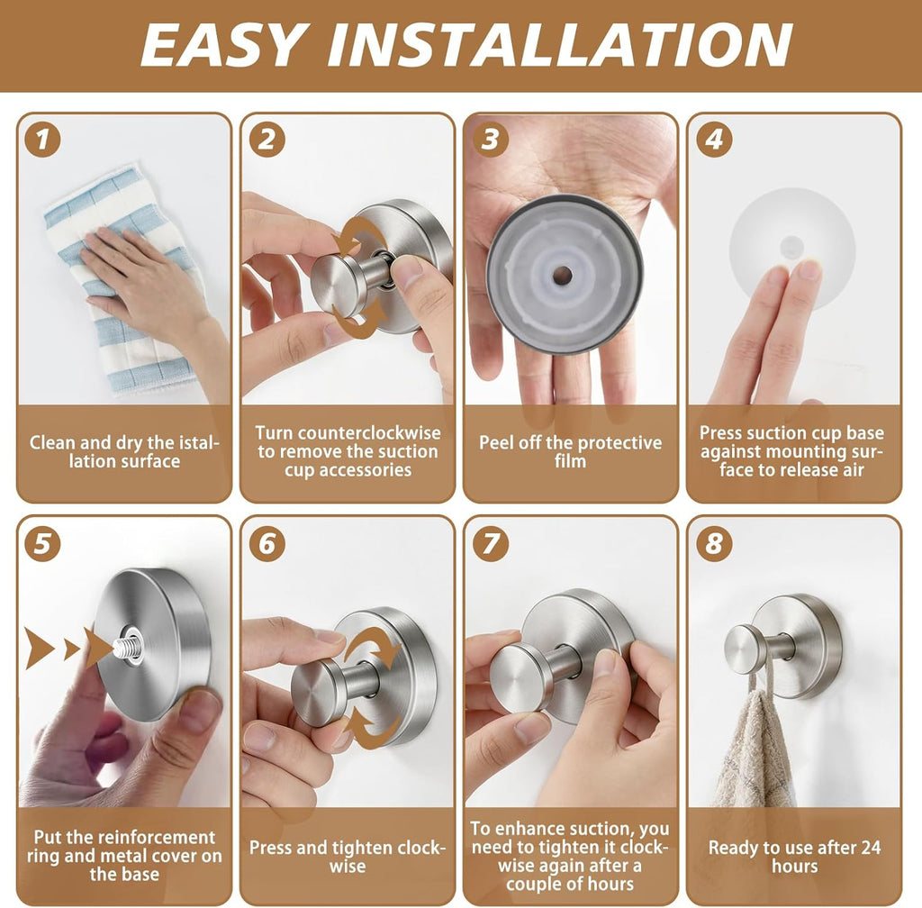 Suction Cup Hooks, Removable Shower Hooks, 4-Pack, Brushed Nickel | No Wall Damage | Strong Hold on Tile, Mirrors & Glass | Bathroom & Kitchen Use | Perfect for Towels, Loofahs, Robes & Coats