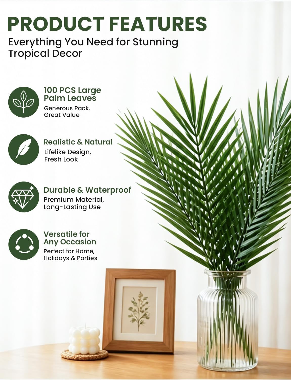 100 pcs 25 Inch Artificial Palm Leaves, Large Fake Palm Fronds Stems, Palm Branches Faux Tropical Plants for Palm Sunday, Jungle Beach Wedding Luau Party Home Decor, Palm Leaf, Palmas Artificiales