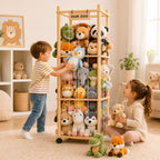 Stuffed Animal Storage & Organizer, Wooden Cute Zoo | 2 Removable Hanging Storage Net, Toy Holder, For Toddler Rooms, Playrooms & Bedrooms