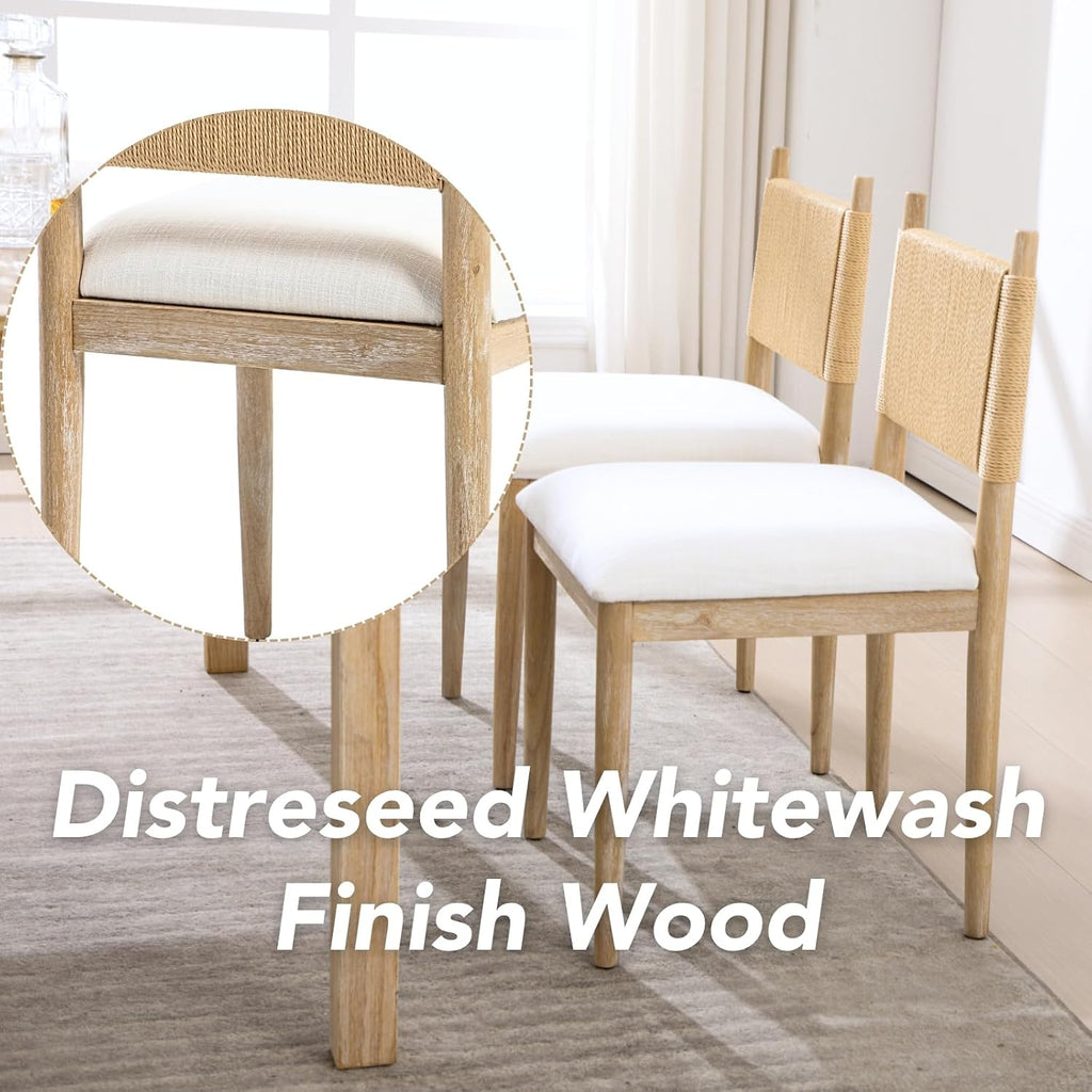 chairus Modern Coastal Dining Chairs Set of 2, Linen Upholstered Fabric Dining Room Chairs with Woven Rope Back, Farmhouse Wooden Kitchen Chairs, Natural Wood