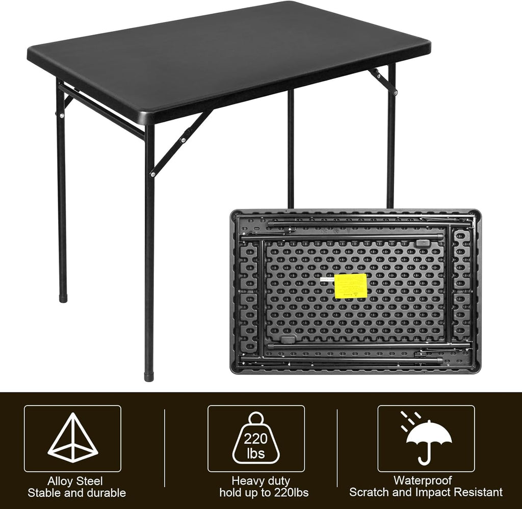 3ft Rectangular Folding Table, All-Occasion Plastic Event Table for Indoor and Outdoor, Portable Desk, Camping, Durable and Stable, HDPE and Steel, Wide Application, Black