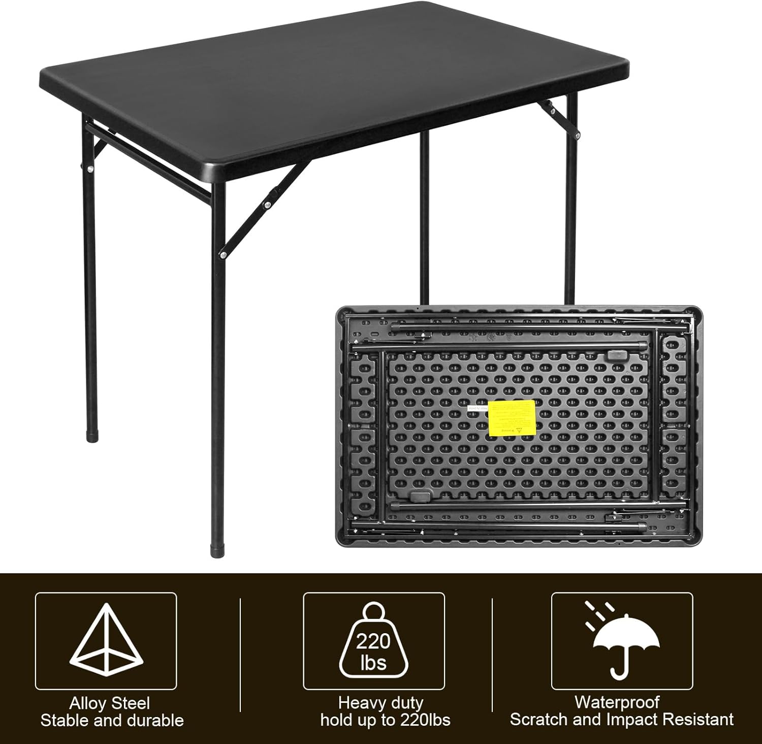 3ft Rectangular Folding Table, All-Occasion Plastic Event Table for Indoor and Outdoor, Portable Desk, Camping, Durable and Stable, HDPE and Steel, Wide Application, Black