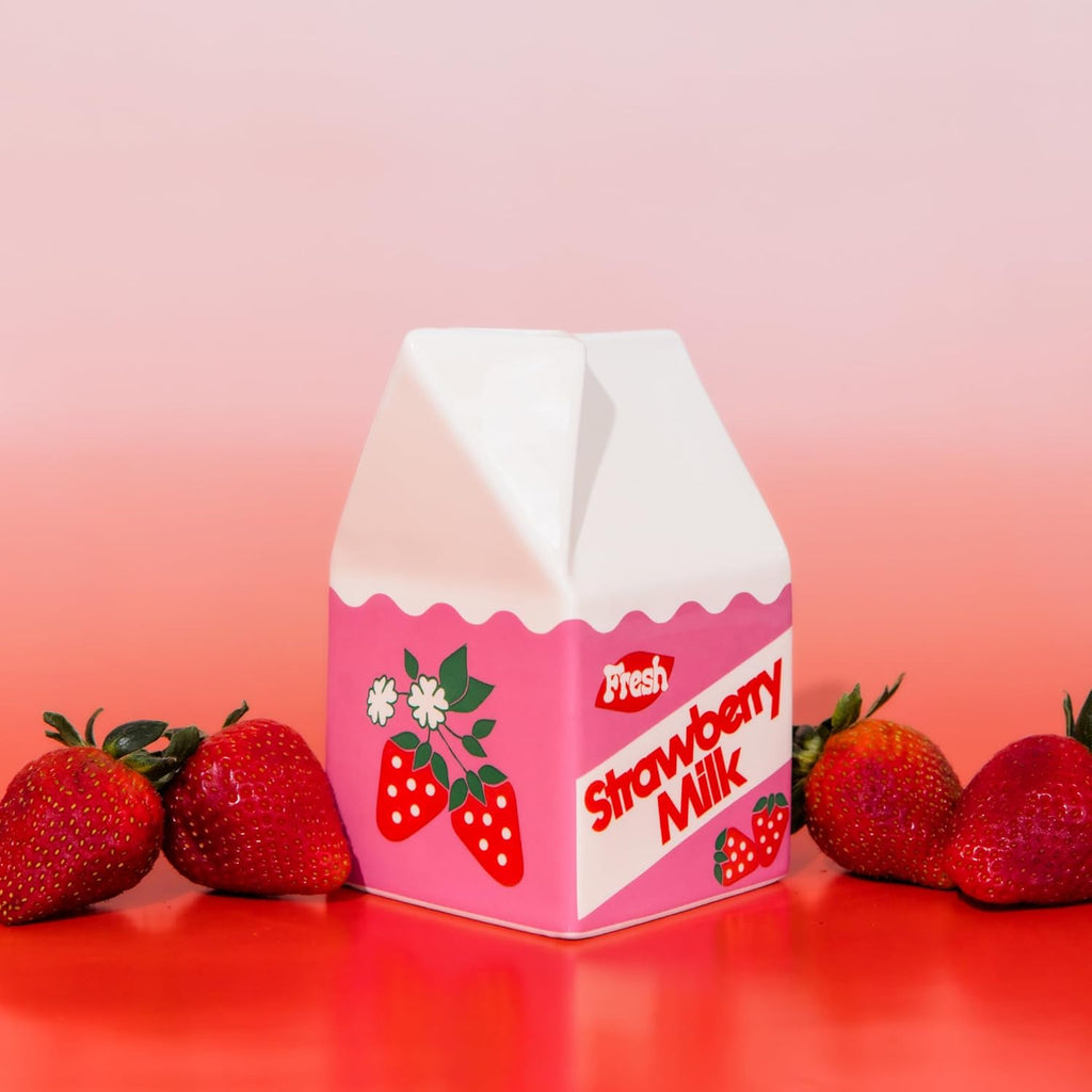ban.do Ceramic Petite Carton Shape Vase, Strawberry Milk | Retro Inspired Decorative Mini Vase, Unique Food Theme Pink Home, Kitchen, and Bookshelf Decor