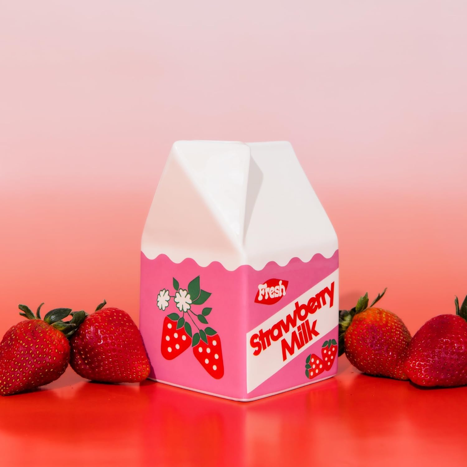ban.do Ceramic Petite Carton Shape Vase, Strawberry Milk | Retro Inspired Decorative Mini Vase, Unique Food Theme Pink Home, Kitchen, and Bookshelf Decor