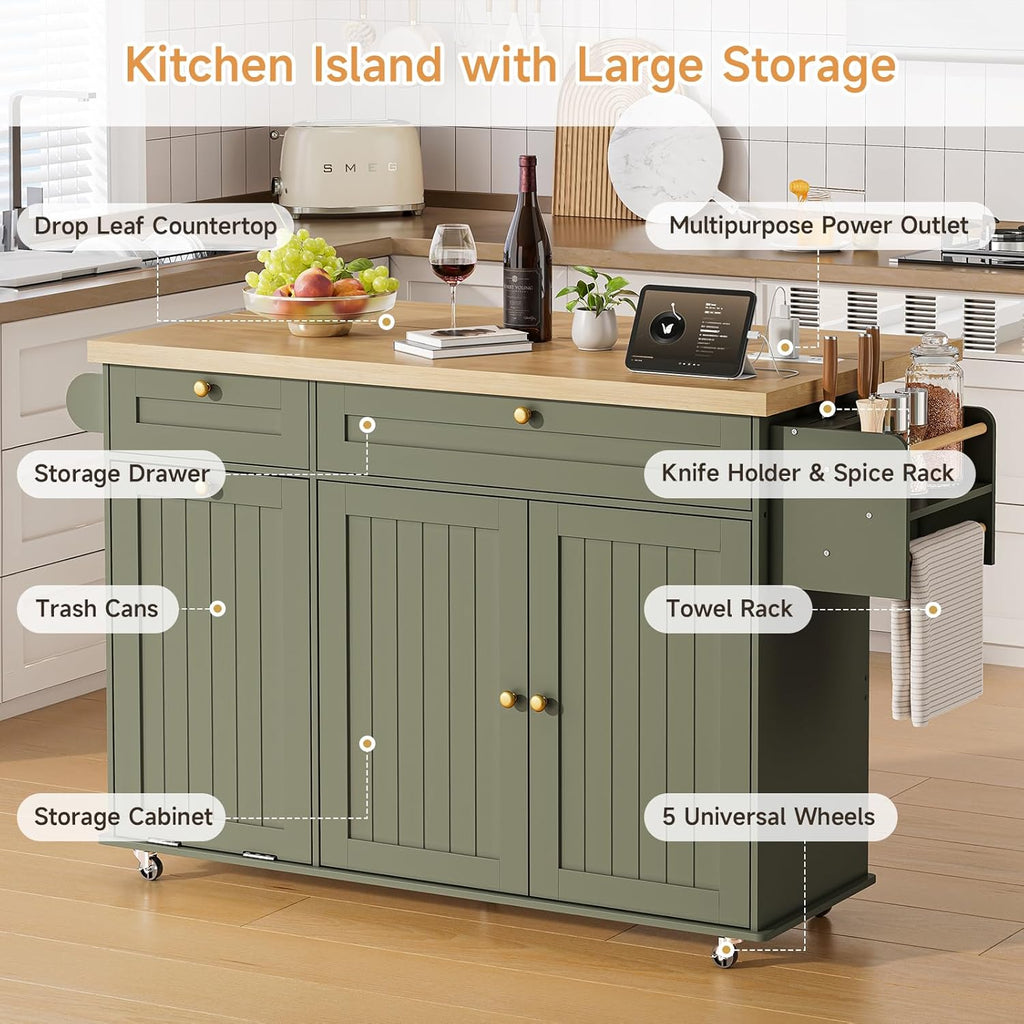ONBRILL 60" Kitchen Island with Power Outlet & Drop Leaf, Rolling Island with Spice Rack & Towel Rack, Kitchen Island Cart with Trash Storage Cabinet, Island Table for Kitchen, Green
