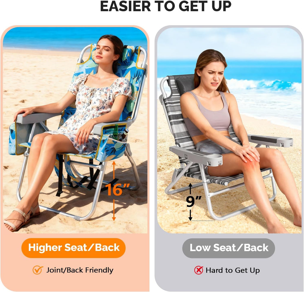 16" Tall Beach Chairs for Adults,2-Pack Lightweight Backpack Chair with 5-Position,Cooler Bag,Cup Holder,Towel Rack，Suitable for Camping Pool Patio Lawn Outdoor Travel