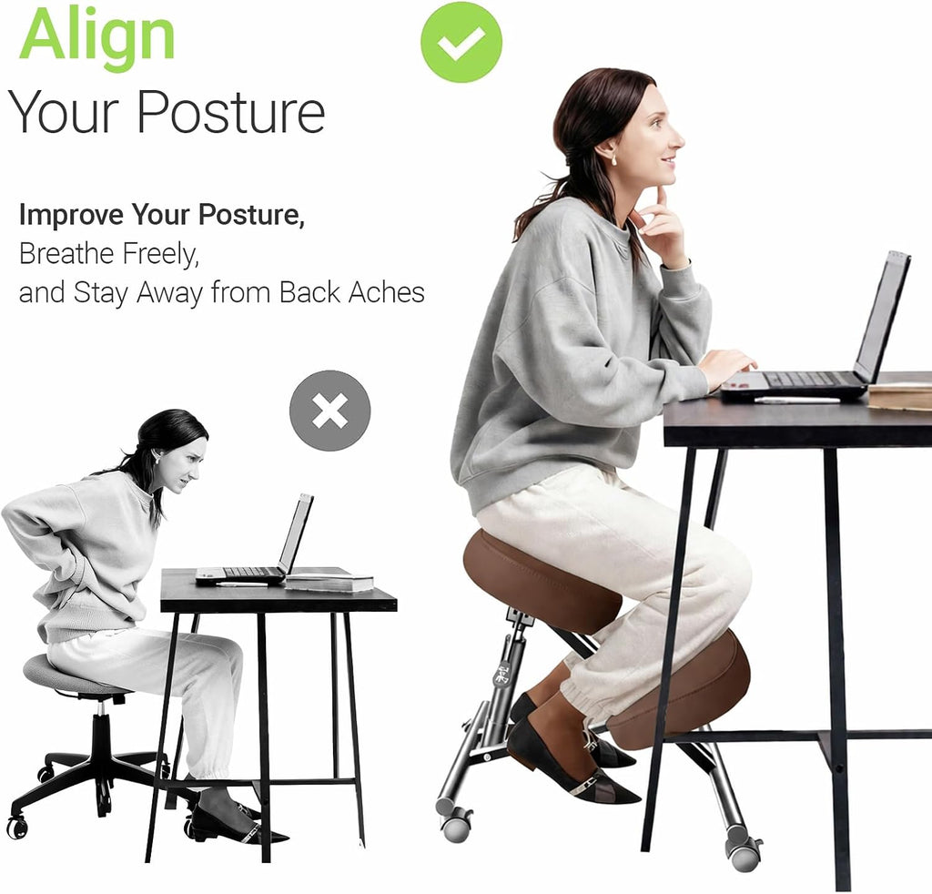 PU Leather Ergonomic Kneeling Chair, Adjustable Home and Office Stool with Thick Pads and Flexible Lockable Brake Wheels for Back Pain Relief（Coffee Brown）