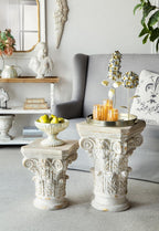 Small Side Table for Living Room, Farmhouse Rustic French Country MGO Pedestal Stand Ornate with Scrollwork Design and Gold Accents, Square Distressed Display Stand White 16x16x24.5