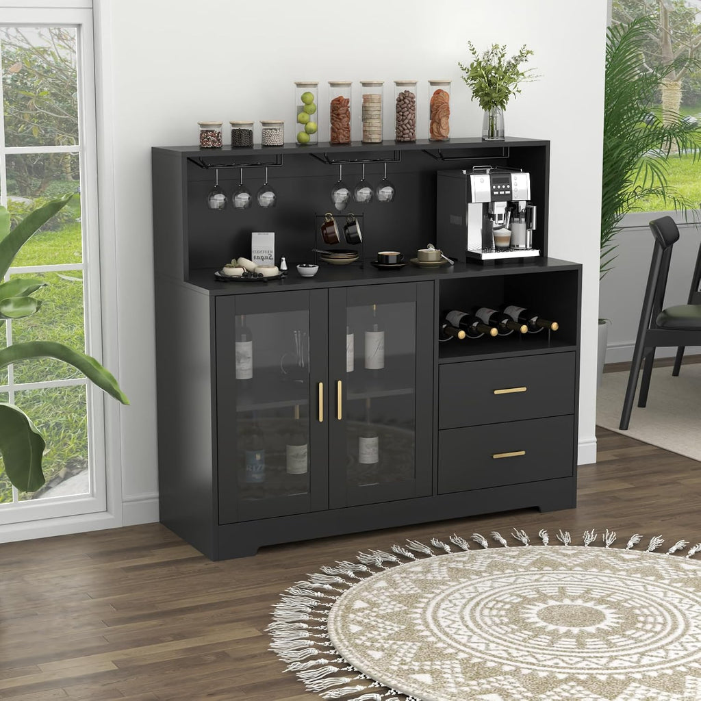 Bar Cabinet for Home with LED Light, Coffee Bar Cabinet with Wine & Glass Rack, Wine Cabinets with Drawers & Microwave Stand, Modern Liquor Cabinets for Kitchen, Living Room, Dining Room (Black)
