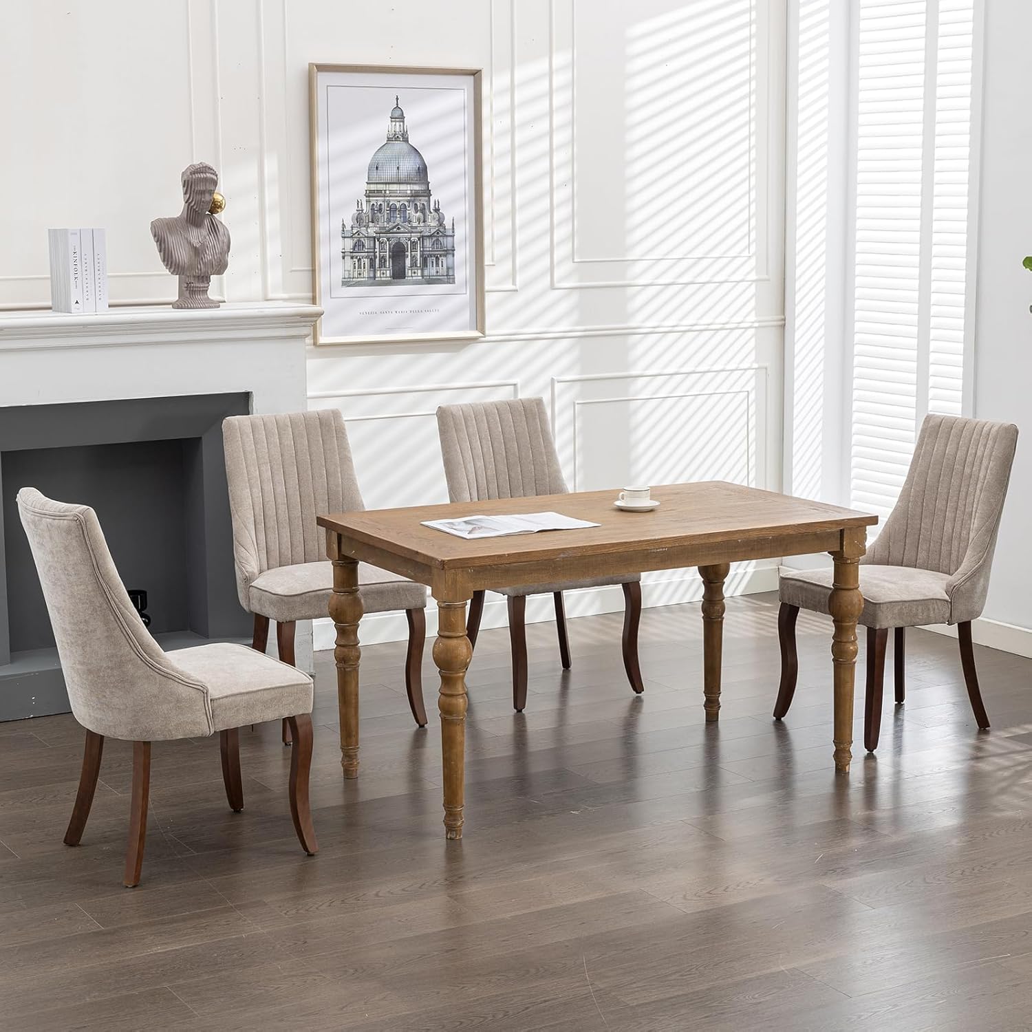 Mid Century Modern Dining Chairs Set of 8, Beige Linen Upholstered Kitchen & Dining Room Chairs Set of 8, Kitchen Chairs with Wood Legs, Sillas de Comedor (Beige, 8 Pcs)