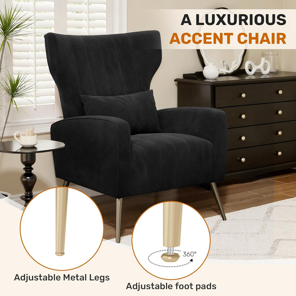 Luxanimarion Black Velvet Accent Chair Set of 2, Wingback Chair for Living Room, High Back Arm Chair with Golden Legs Lumbar Pillow, Upholstered Single Sofa Bedroom