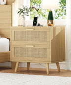 Keehusux 23.6" W Rattan Nightstand with Charging Station and 2 Drawers | Large Bedside Table, Wooden End Table with Solid Wood Legs, Boho Night Stand for Bedroom, Natural Oak KES009MECTG